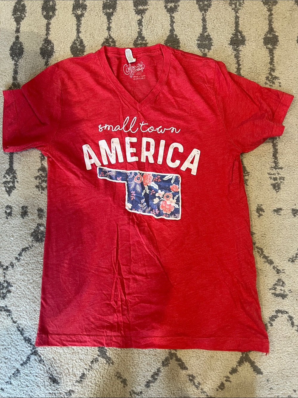 Calamity Jane’s Apparel Red V-Neck 'Small Town America' Graphic Tee